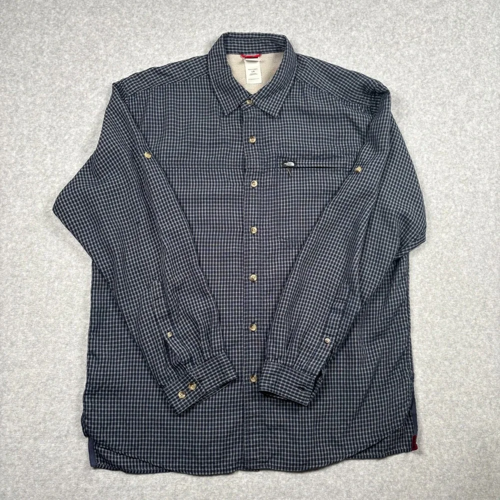 The North Face Mens Large Plaid Button Up Shirt Navy Blue Outdoor Hiking Cotton